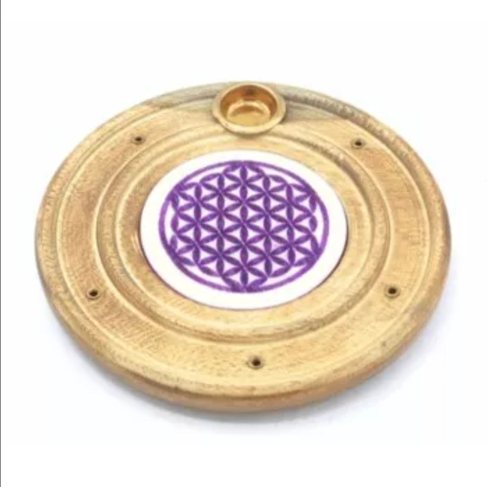 Brûle-encens en bois Fleur de vie violette 10 cm