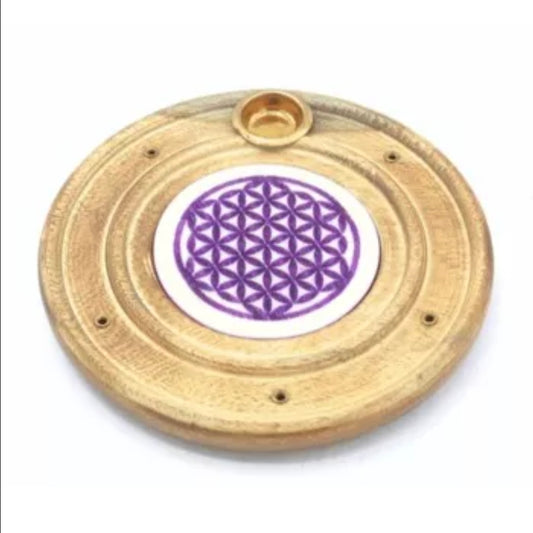 Brûle-encens en bois Fleur de vie violette 10 cm